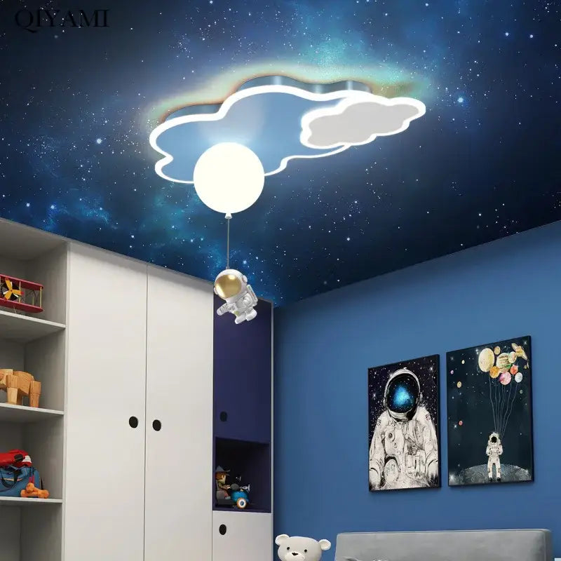 Decorbites™ children’s room ceiling chandelier light featuring a glowing cloud led design with white balloon and astronaut hanging