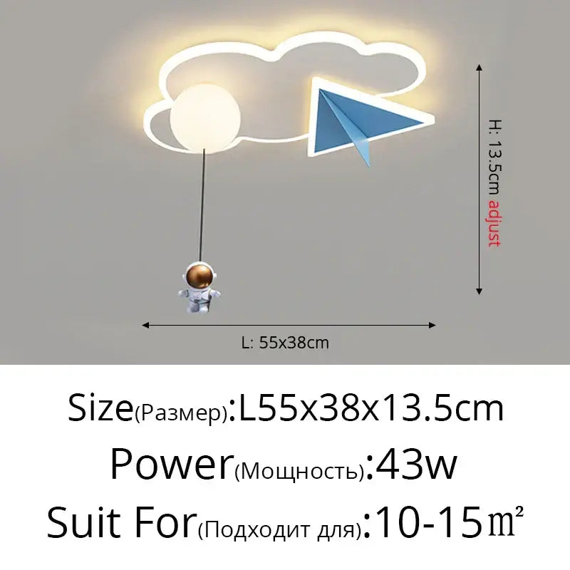 Decorbites™ children’s room ceiling chandelier light shaped like a white cloud with paper airplane and astronaut figure