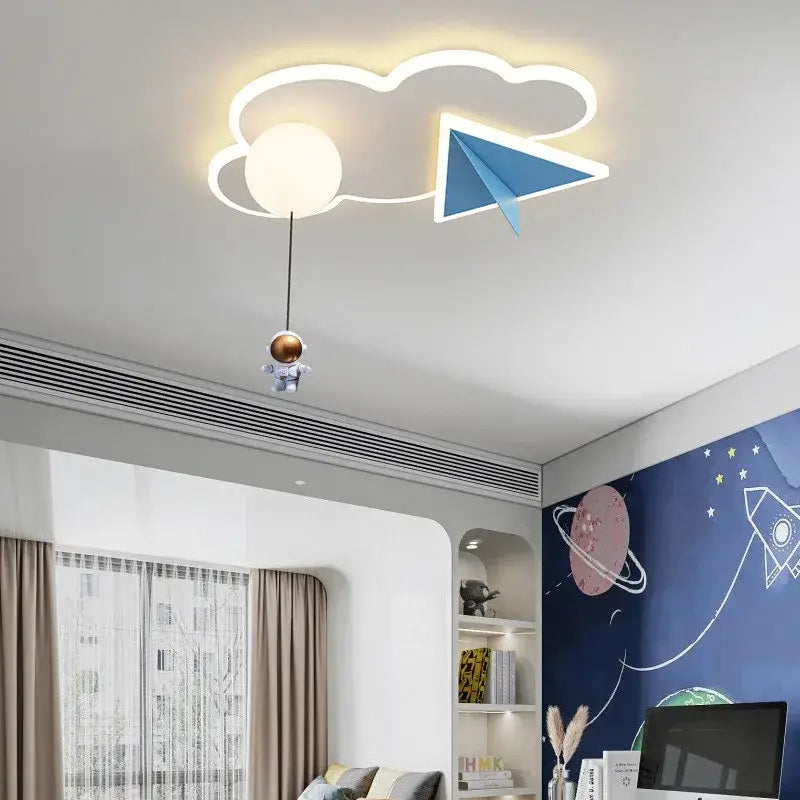 DecorBites™ children’s room ceiling chandelier light with cloud shape blue paper airplane and dangling astronaut design