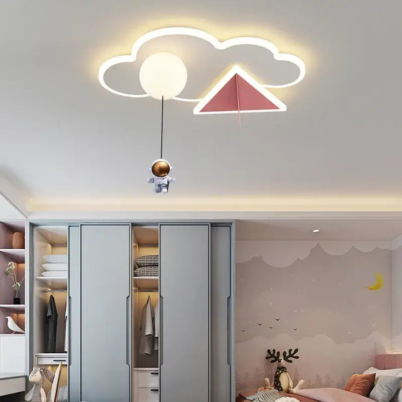 DecorBites™ children’s room ceiling chandelier light with glowing white cloud shape, pink mountain, and astronaut figurine