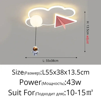 Decorbites™ whimsical cloud-shaped room ceiling chandelier with glowing outline, pink paper airplane, and astronaut figurine