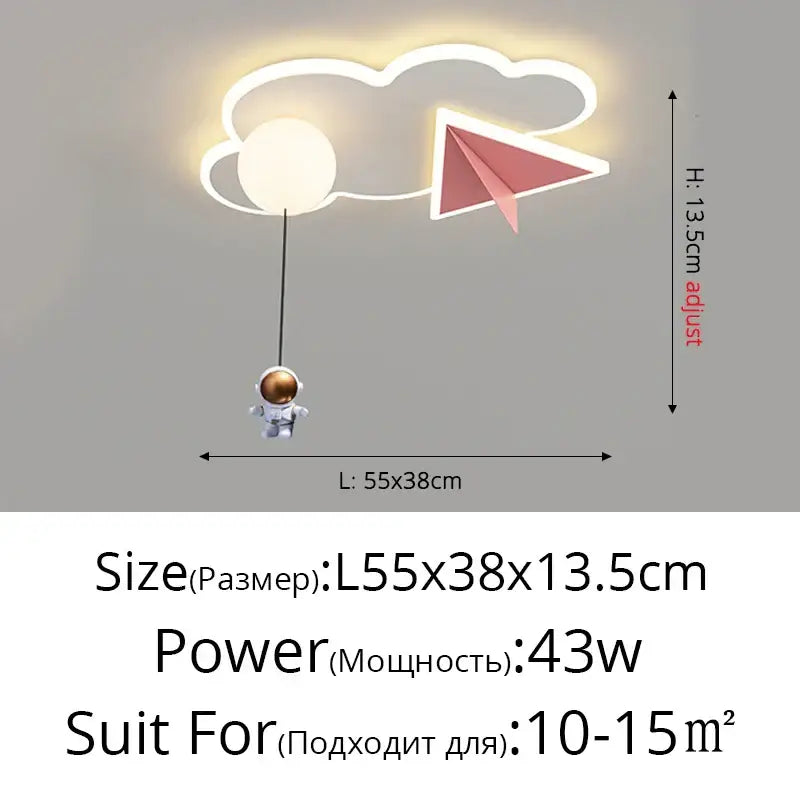 Decorbites™ whimsical cloud-shaped room ceiling chandelier with glowing outline, pink paper airplane, and astronaut figurine