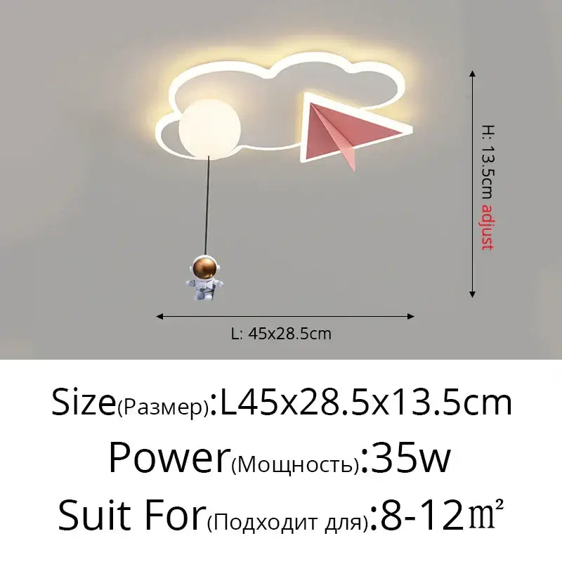 DecorBites™ children’s room ceiling chandelier light shaped like a cloud with astronaut and paper airplane warm white illumination