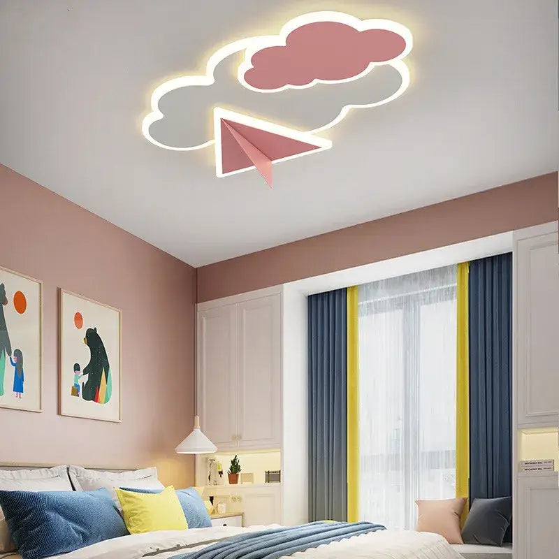 DecorBites™ pink and white cloud-shaped room ceiling chandelier with paper airplane design modern dimmable light