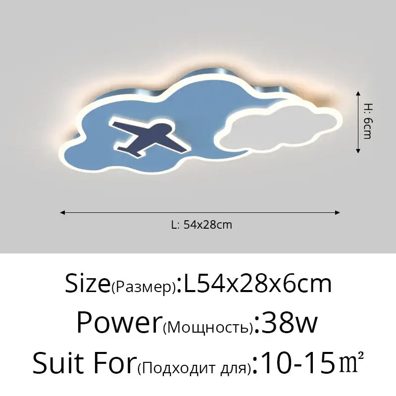 DecorBites™ blue cloud-shaped room ceiling chandelier light with dark airplane silhouette and white trim for modern indoor use