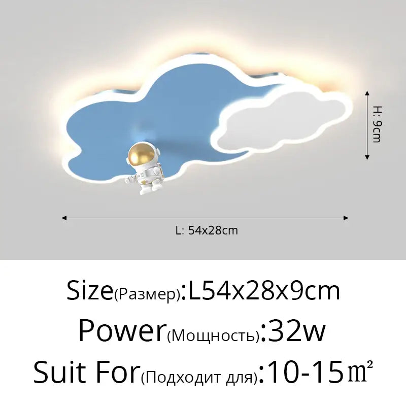 Decorbites™ children’s room ceiling chandelier light featuring a blue white cloud design with gold silver astronaut figurine