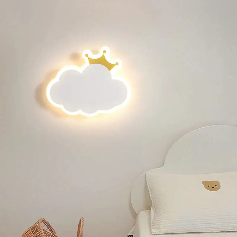 Decorbites™ children’s room crown clouds night light with glowing white cloud shape and gold crown outline bedside lamp