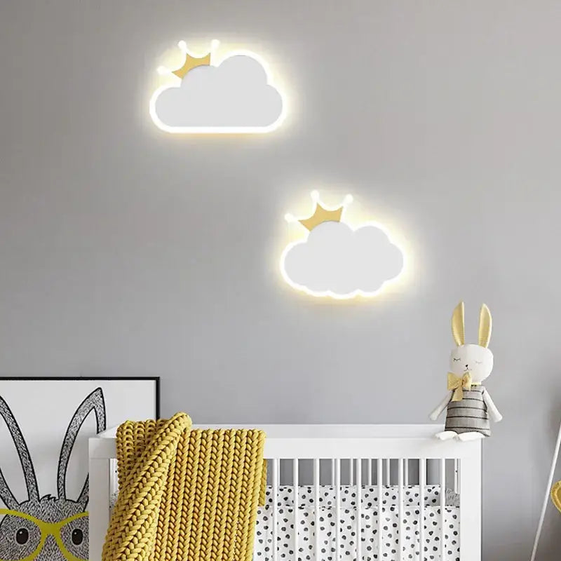 Decorbites™ room crown clouds night light with two white illuminated cloud sconces topped by golden crowns for children’s rooms