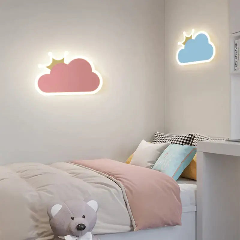 DecorBites™ children’s room crown clouds led wall sconces in pink and blue with crown details night light bedside lamp