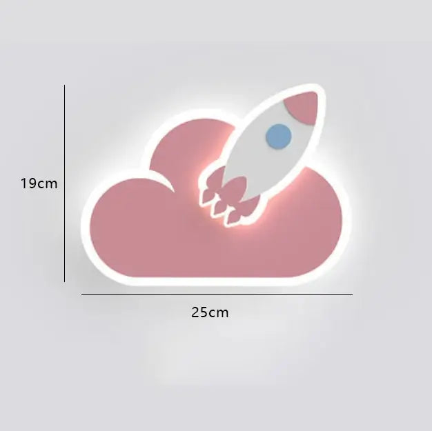 Pink cloud-shaped led night light with white rocket and blue detail for DecorBites™ room crown clouds rocket lamp