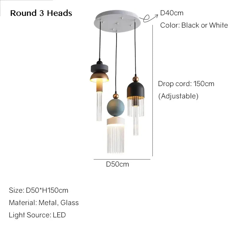 Modern round three-head black and white glass pendant light with fringe details for children’s room or dining table lamp