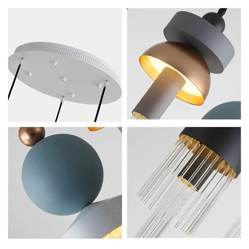 Decorbites™ children’s room glass pendant light with modern minimalist matte metal shades in gray bronze and teal