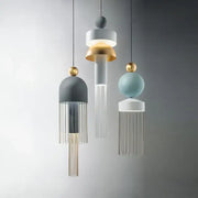 DecorBites™ children’s room glass pendant light with geometric jellyfish design in matte gray white blue and gold accents