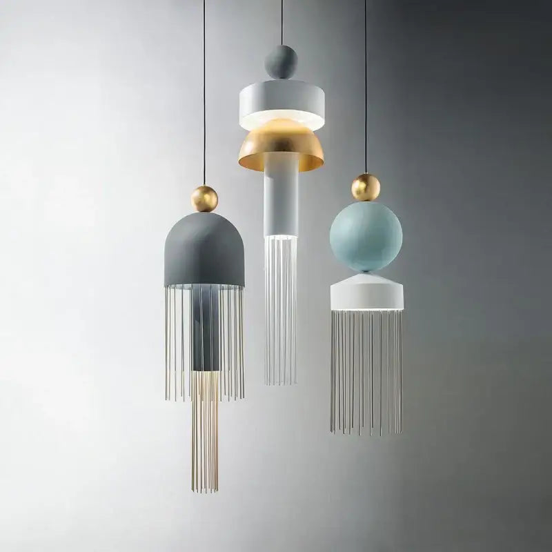 DecorBites™ children’s room glass pendant light with geometric jellyfish design in matte gray white blue and gold accents