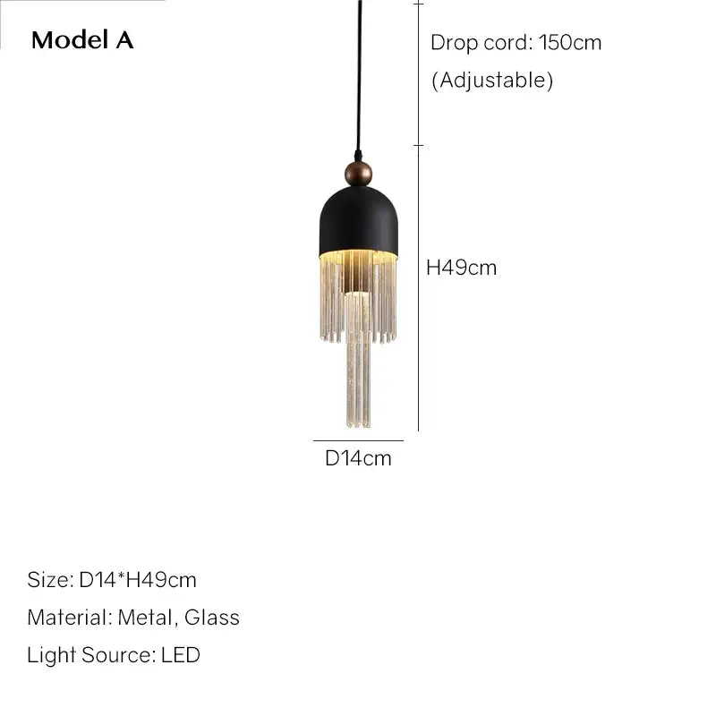 Decorbites™ black metal and glass pendant light with sleek dome and cascading clear prisms for children’s rooms