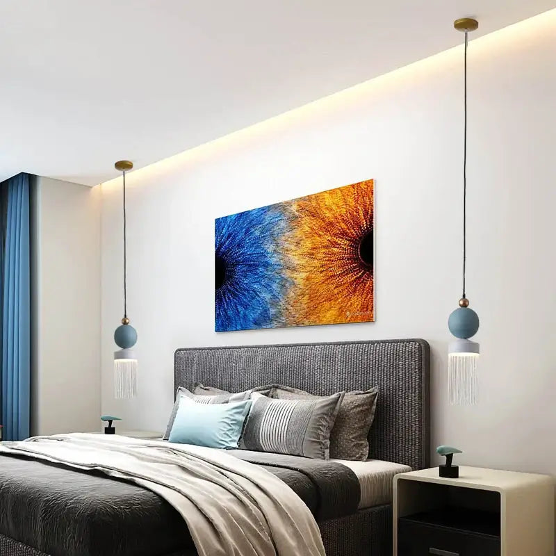 Vibrant abstract decorbites™ room glass pendant light with split blue and fiery orange canvas design for children’s bedrooms