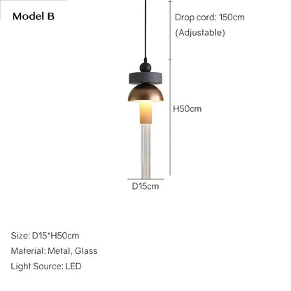 Decorbites™ children’s room glass pendant light with matte black top brass dome shade and vertical glass rods