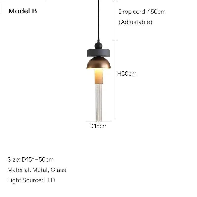 Decorbites™ children’s room glass pendant light with matte black top brass dome shade and vertical glass rods