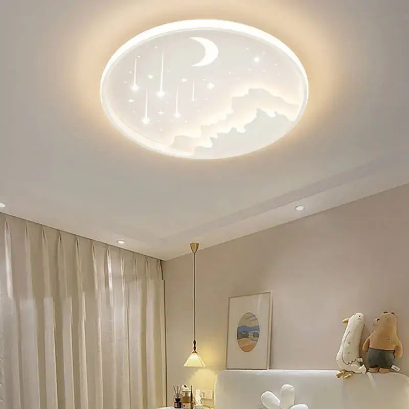Decorbites™ children’s room starry chandelier ring lamp in blue white gold with crescent moon and falling stars design