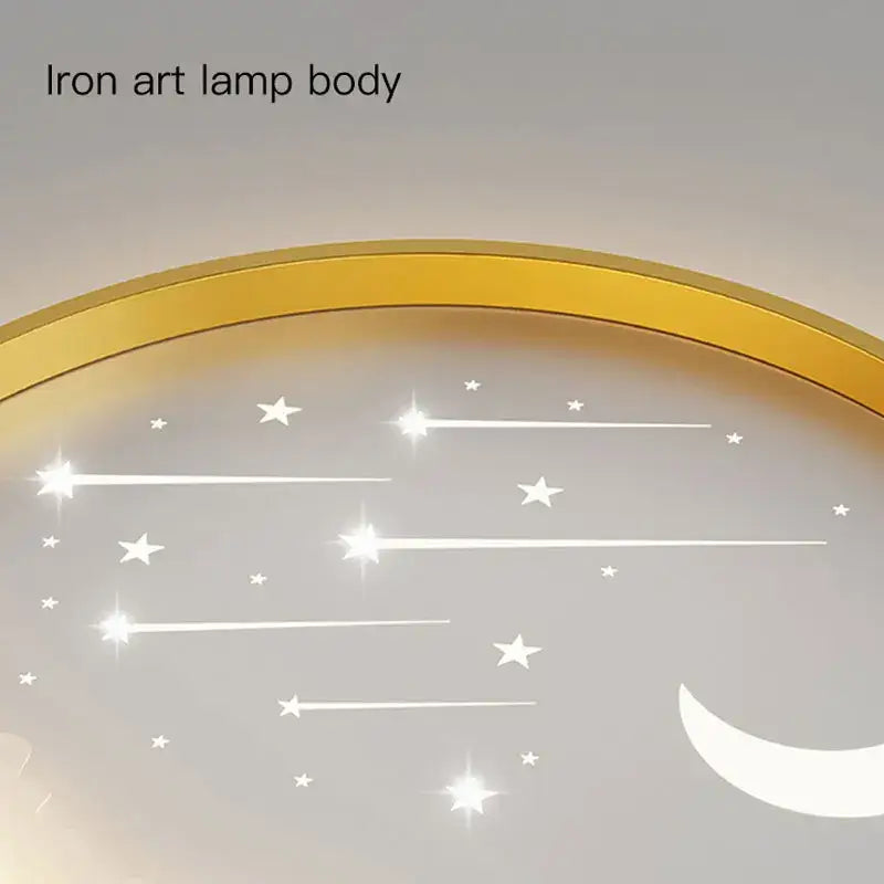 Golden iron art lamp body with celestial design featuring glowing stars and crescent moon in decorbites room starry chandelier