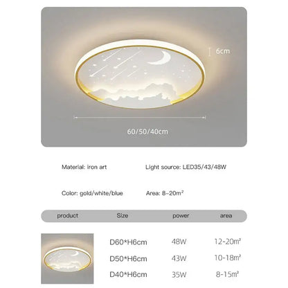 Gold-rimmed blue white DecorBites™ room starry chandelier ring lamp with moon and stars design for children’s rooms