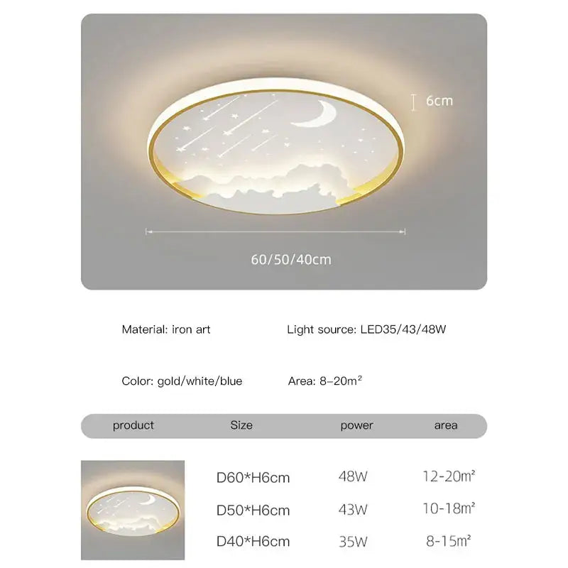 Gold-rimmed blue white DecorBites™ room starry chandelier ring lamp with moon and stars design for children’s rooms