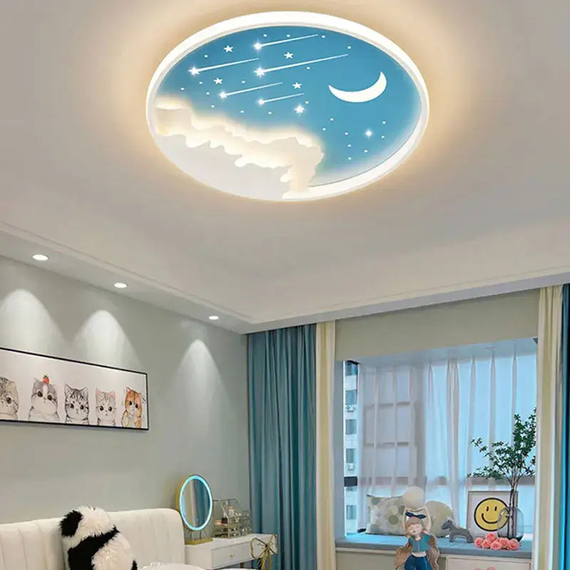 Decorbites™ children’s room starry chandelier ring lamp with blue night sky design featuring stars moon and clouds