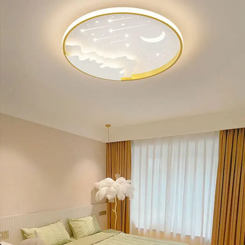 Decorbites™ children’s room starry chandelier ring lamp with gold frame frosted glass and illuminated stars moon design