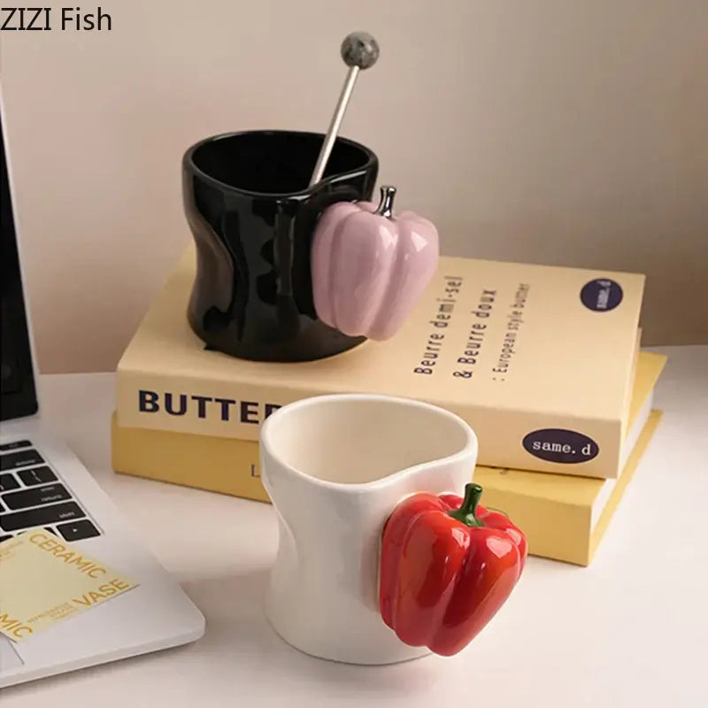 Black and white porcelain coffee mugs from decorbites chili handle cup set with pink and red chili-shaped handles and silver spoon