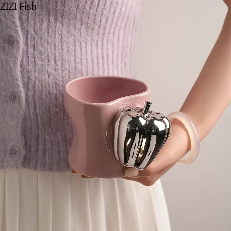 Pink porcelain coffee mug with a shiny black pepper shaped chili handle decorbites chili handle cup for tea and juice