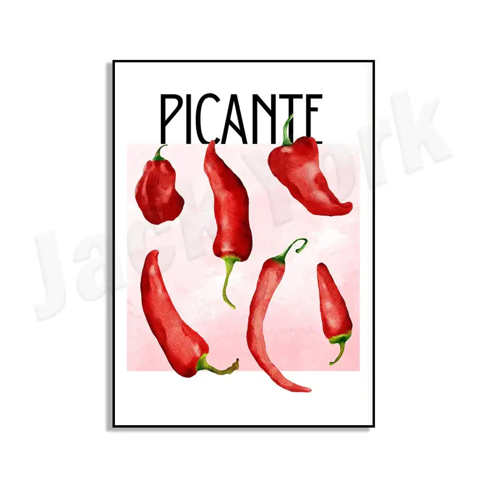 A framed decorbites chili pepper art print featuring vibrant red chili peppers labeled picante from the pepper art trio