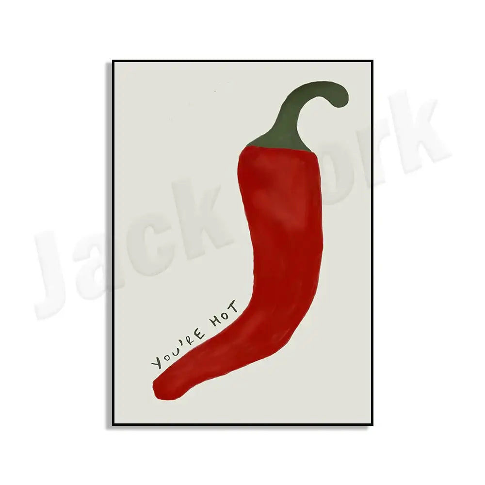 A vibrant red chili pepper art illustration with green stem in black frame from DecorBites chili pepper art trio