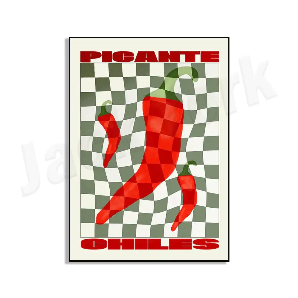A vibrant red chili pepper illustration poster with checkered background from decorbites chili pepper art trio