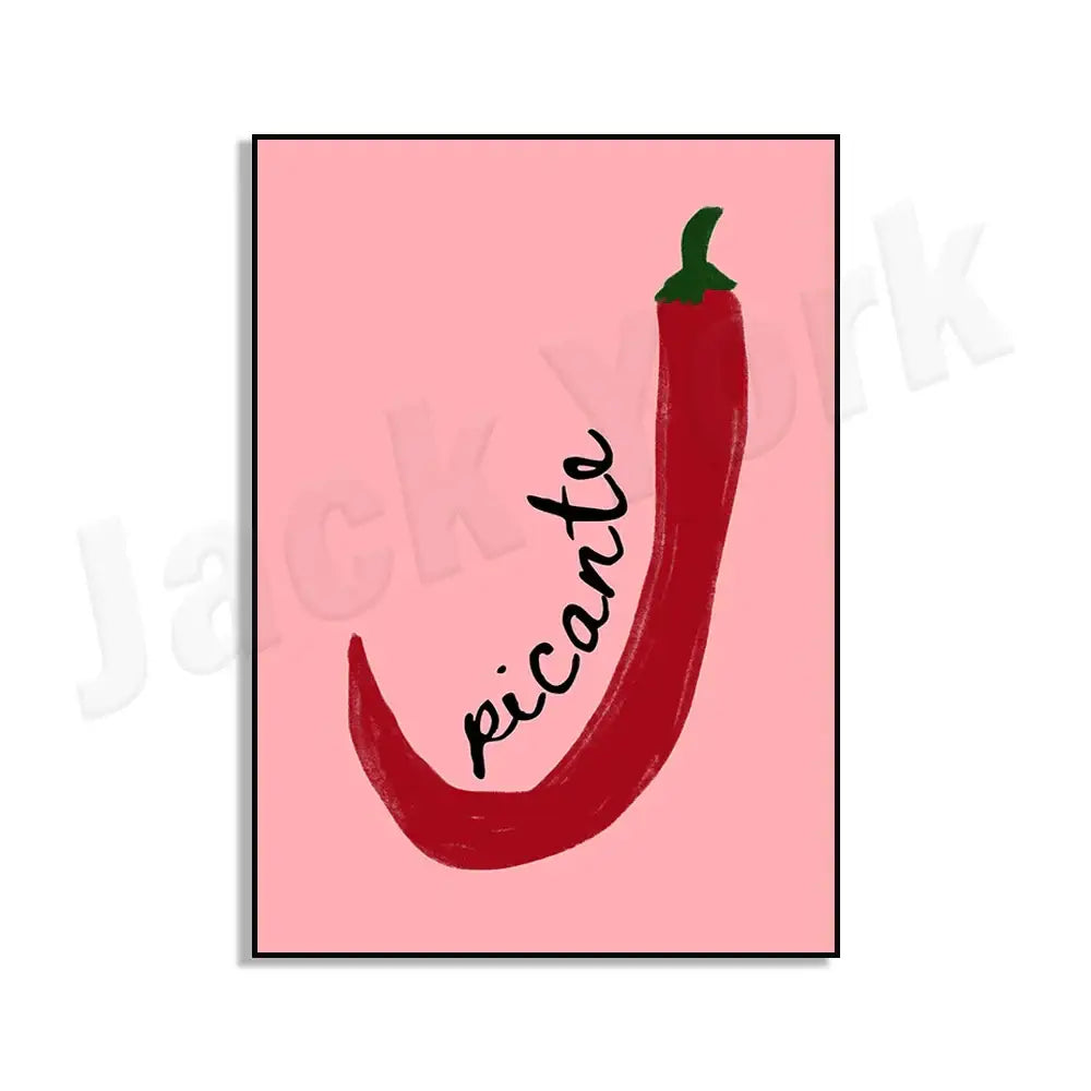 A vibrant red pimento pepper with green stem from the decorbites chili pepper art trio for kitchen decor
