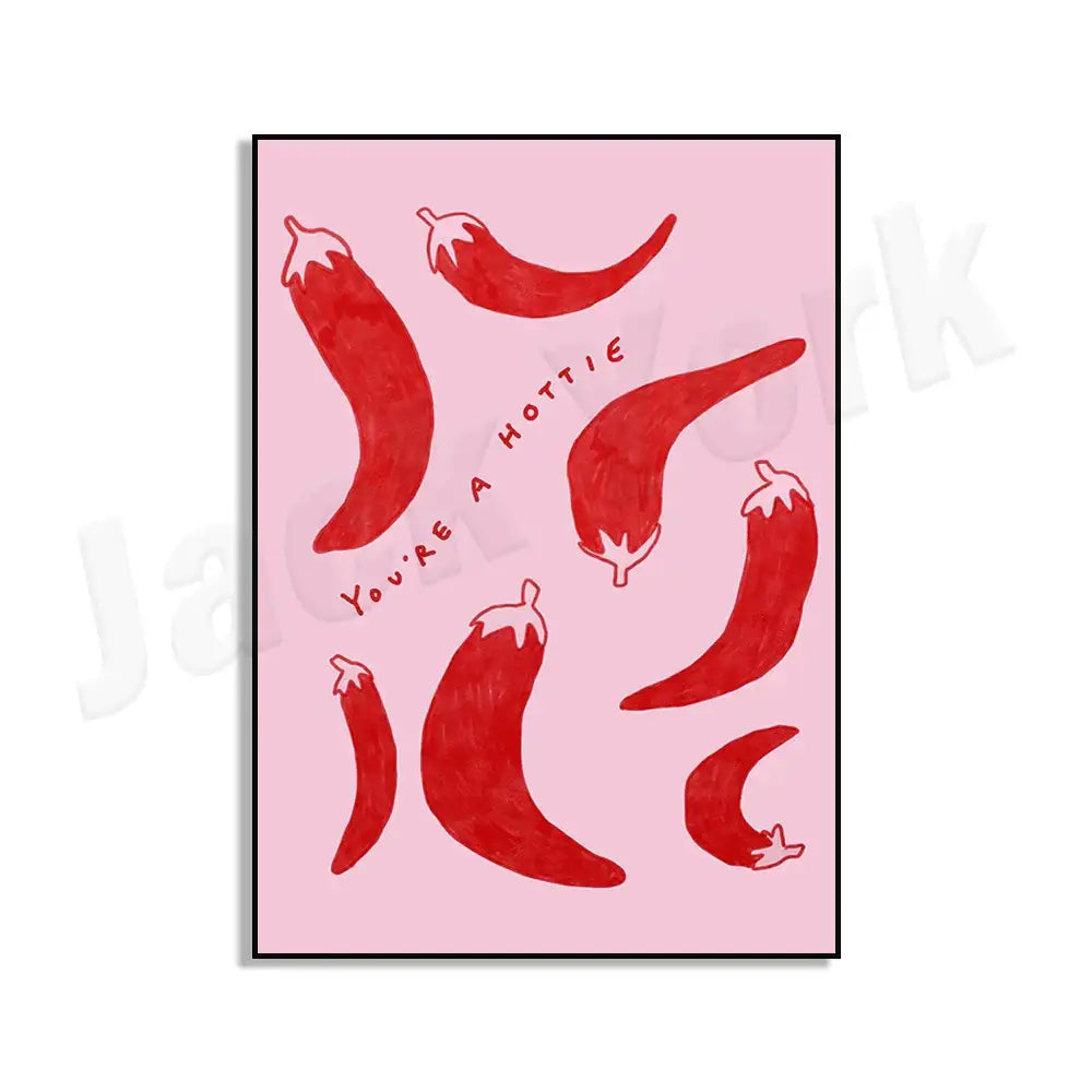 A pink rectangular decorbites chili pepper art print featuring red chili illustrations and white youre a hottie text