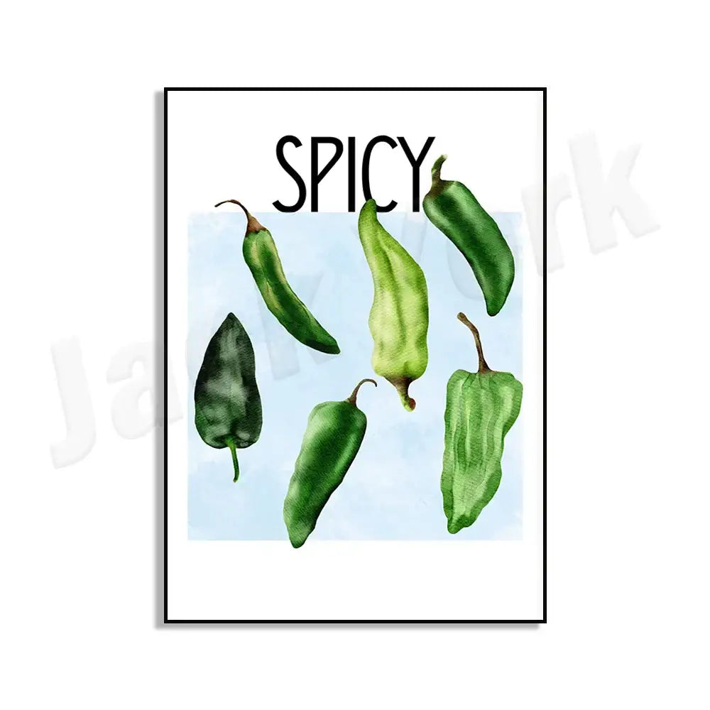 A watercolor-style framed decorbites chili pepper art featuring green chili peppers with the word spicy above them