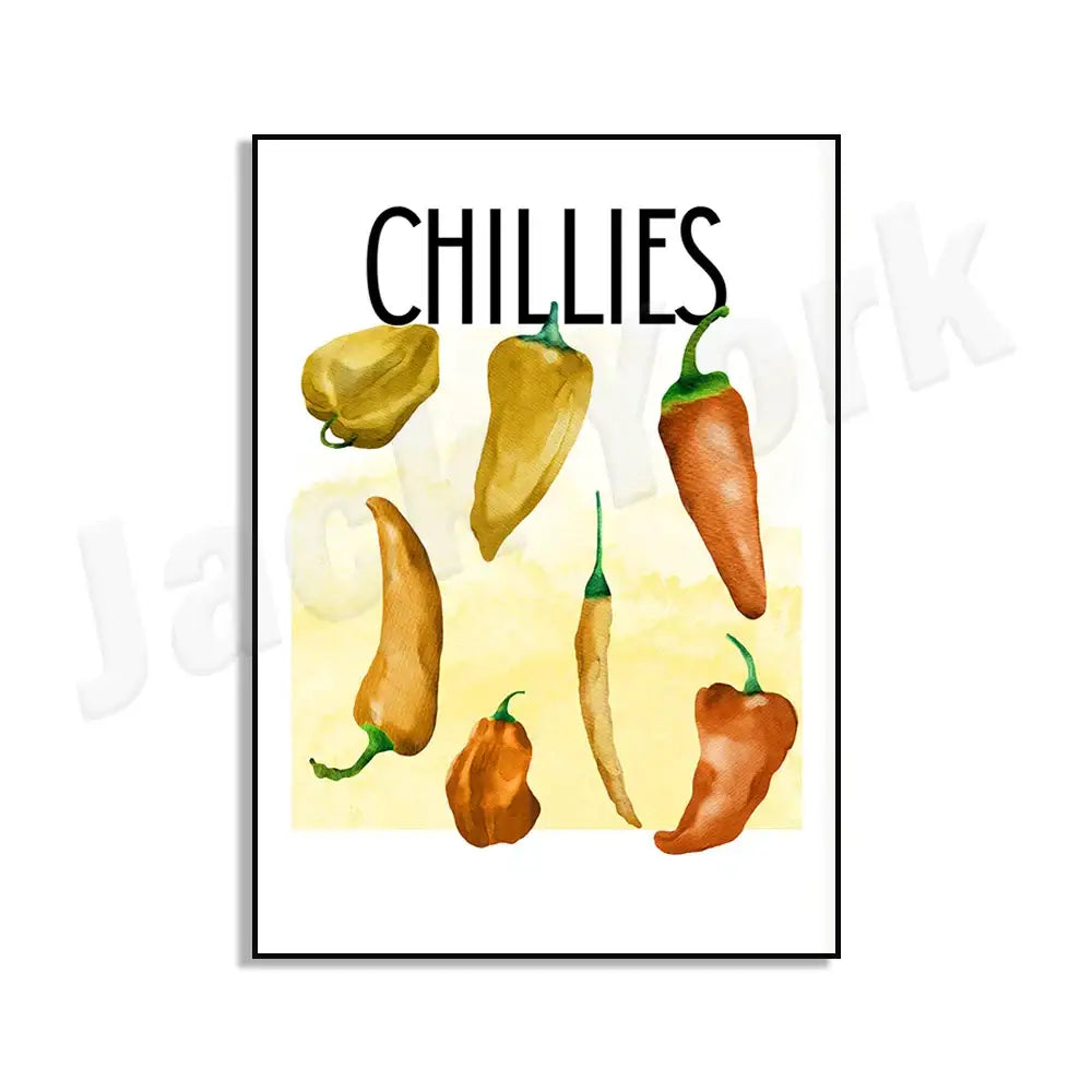 Watercolor-style decorbites chili pepper art trio featuring yellow and orange chili peppers with green stems on pale background