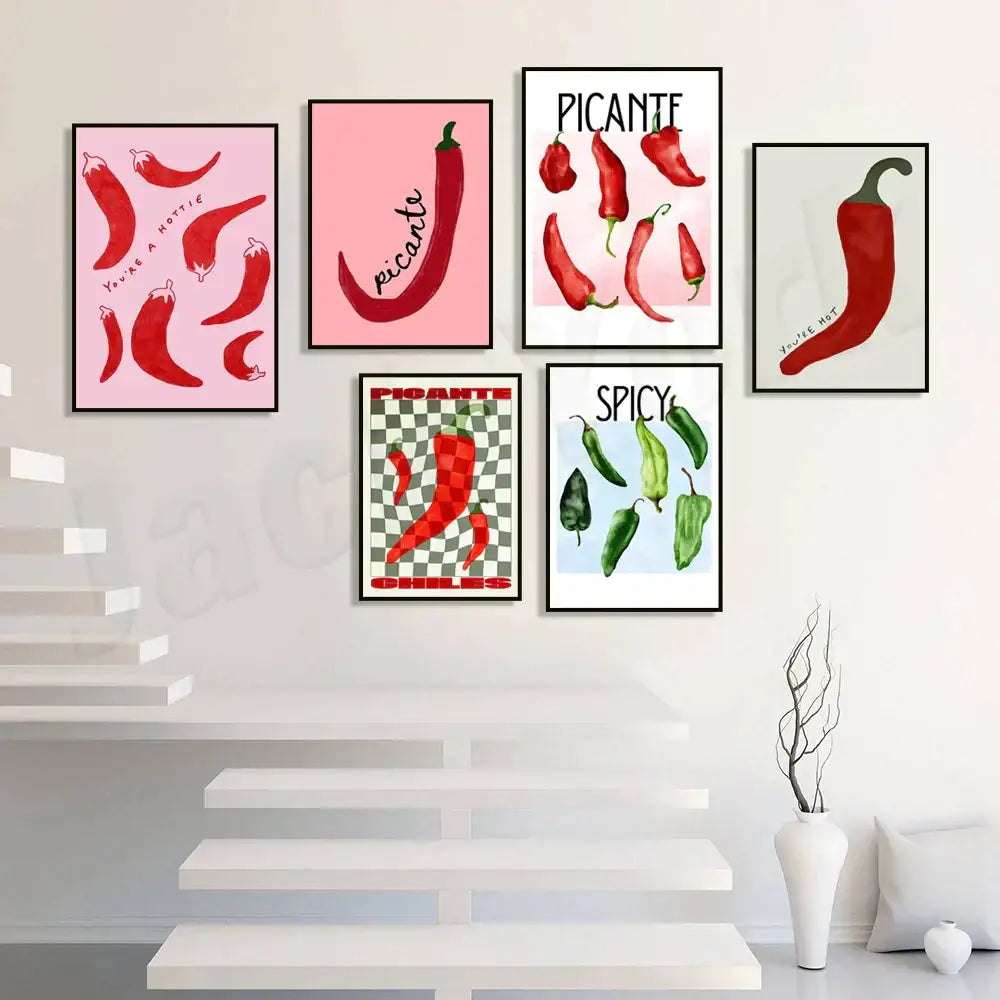 Set of six decorbites chili pepper art prints with vibrant red and green peppers in black frames for kitchen decor