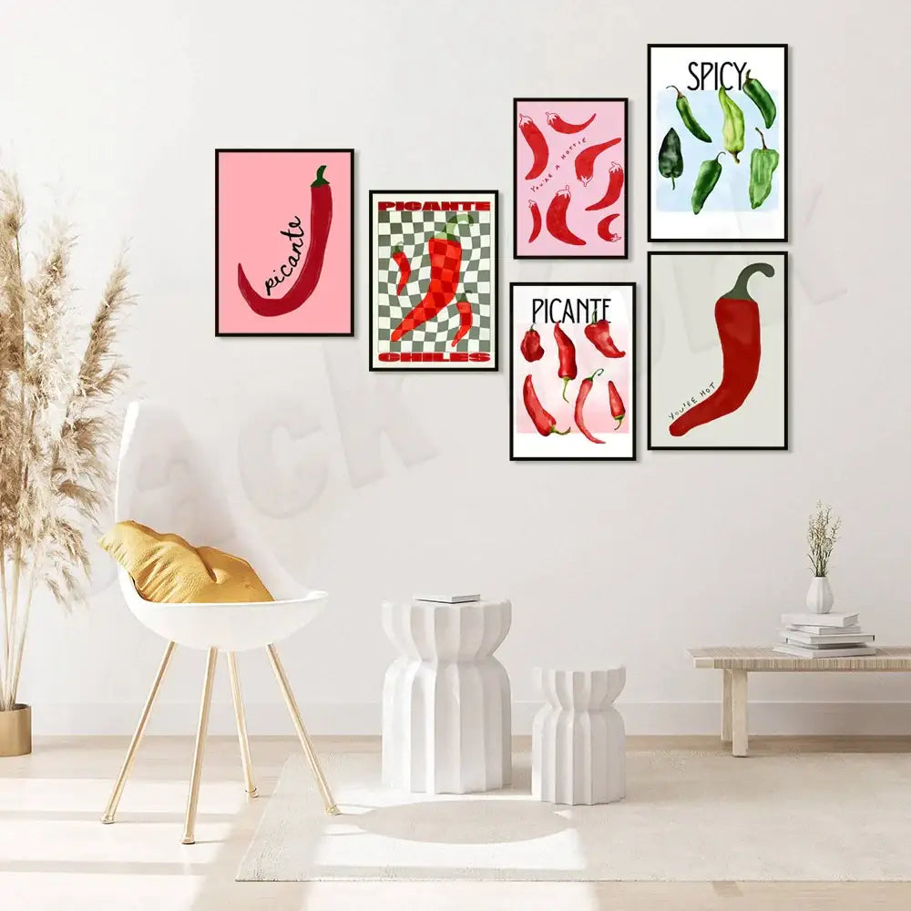 Set of six decorbites chili pepper art prints in black frames featuring vibrant red and green illustrations on colorful backgrounds
