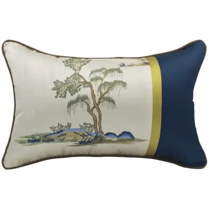 Rectangular cream pillow cover with chinoiserie landscape embroidered tree and navy blue gold-bordered panel design