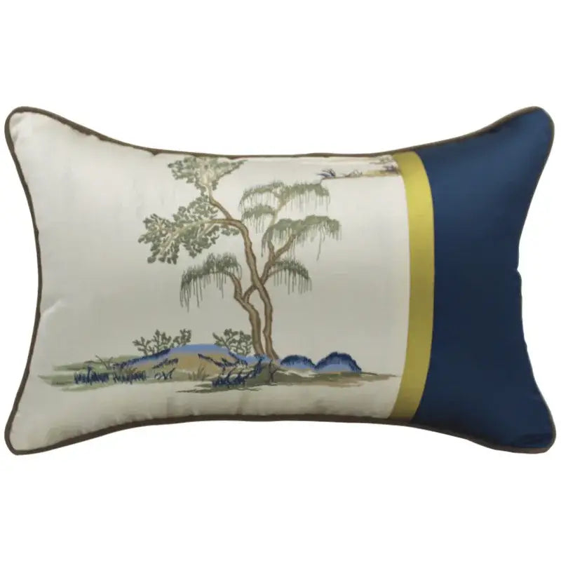 Rectangular cream pillow cover with chinoiserie landscape embroidered tree and navy blue gold-bordered panel design