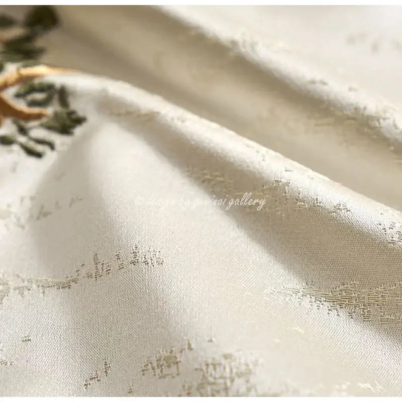 Decorbites™ chinoiserie landscape embroidered ivory silk pillow cover with subtle gold thread embroidery and flowing drape