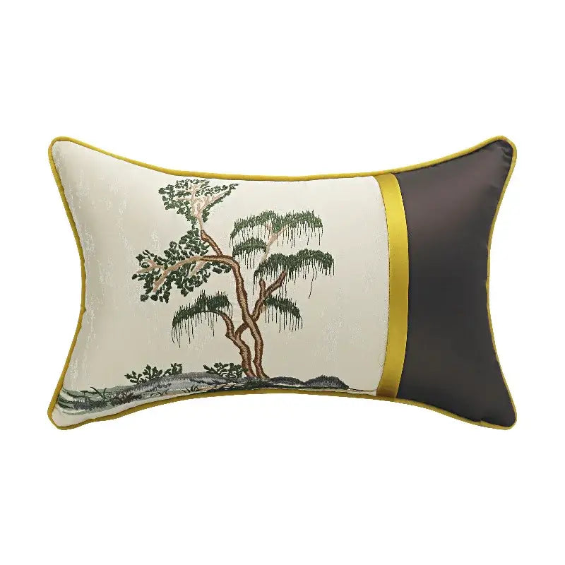 Cream-colored DecorBites pillow cover with chinoiserie landscape embroidered tree design and gold trim accents