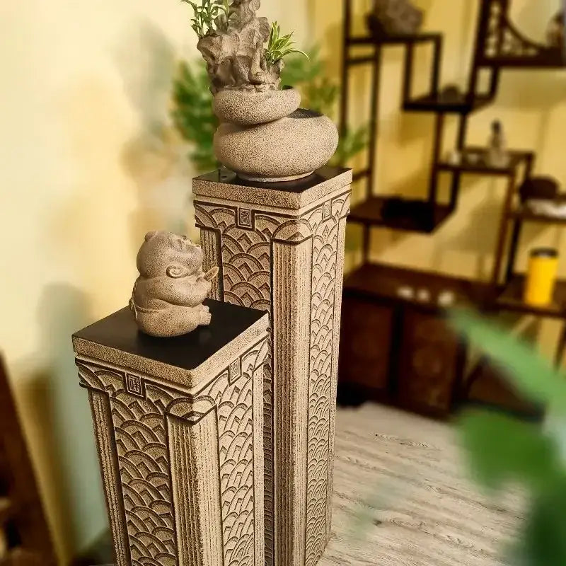 Decorbites™ chinese antique coin stake display column with intricate wave-patterned stone pedestal and smooth dark top