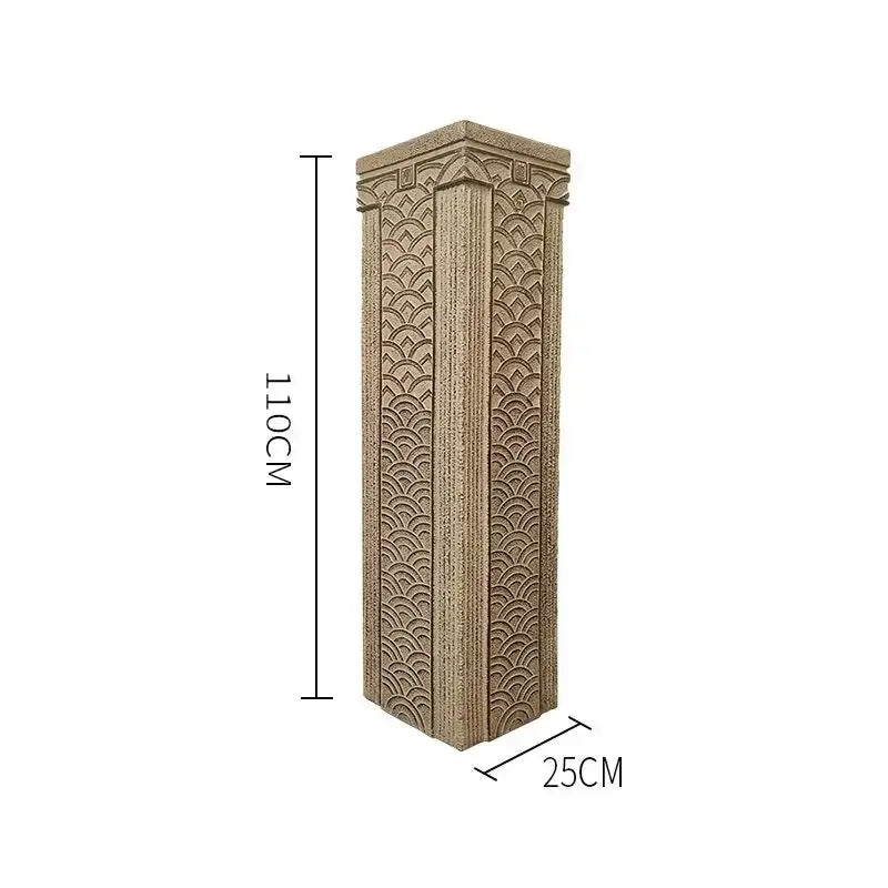 DecorBites™ tan stone stake display column with intricate scalloped and fluted carvings for garden and living room décor