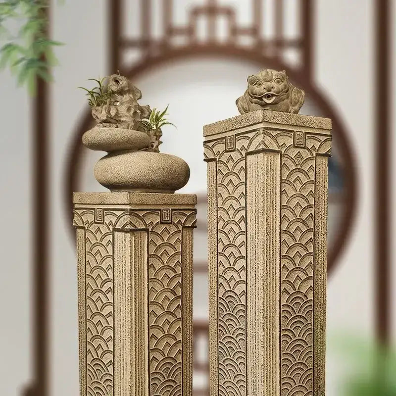 Decorbites™ chinese antique coin stake display column with intricate wave carvings and lion head finials for garden décor