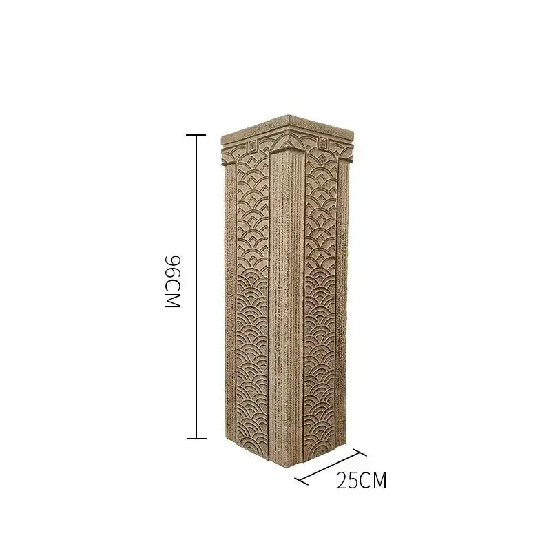 Decorbites™ chinese antique coin beige stone stake display column with intricate scalloped and vertical relief patterns