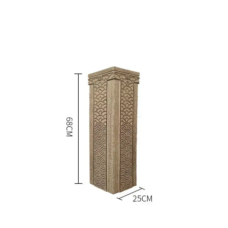 Tall beige stone stake display column with intricate scalloped pattern and decorative top for garden and living room décor