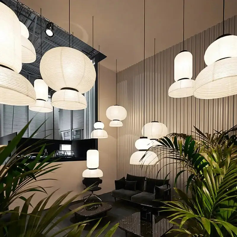 White paper lantern pendant light with layered spherical design by decorbites pendant light for living room and restaurant