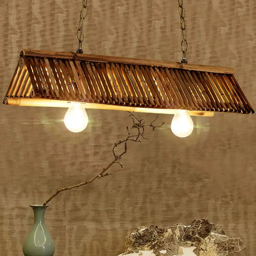 Decorbites™ brown rectangular bamboo pendant lighting fixture with two exposed heads for tearoom triangular island light